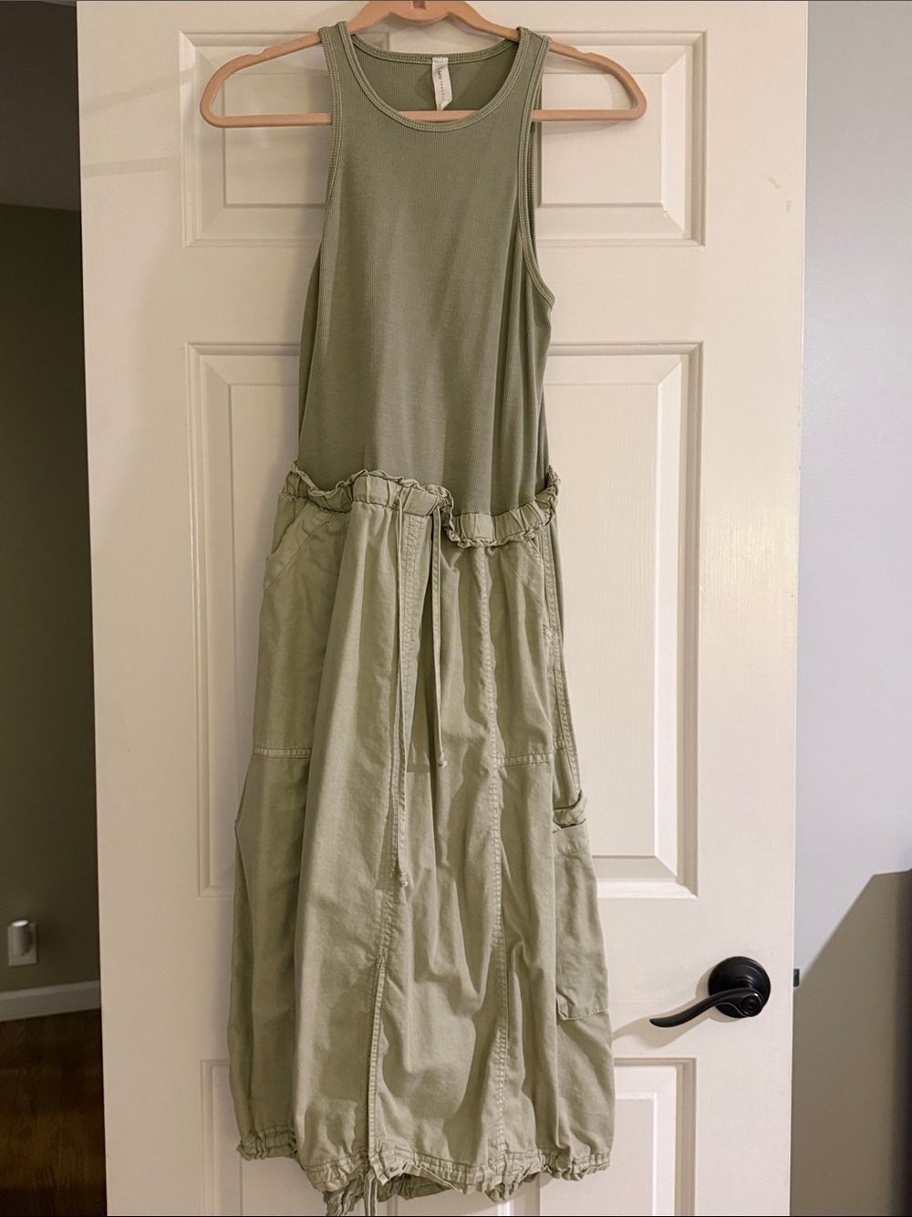 Sleeveless Olive Green Maxi Dress with Drawstring Waist